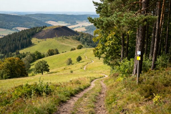 Wandelpad langs de Eifelsteig in Duitsland met uitzicht over groene heuvels, bossen en het bergachtige landschap van de Eifel.