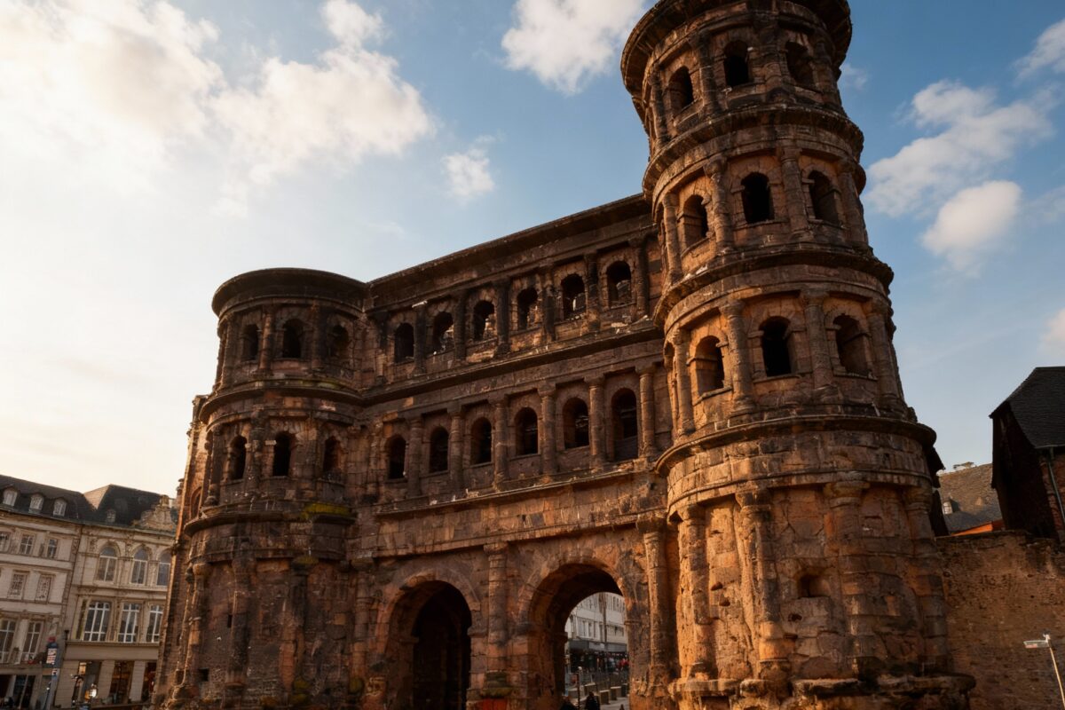 De Porta Nigra in Trier, Duitsland – het imposante Romeinse stadspoortmonument uit de oudheid bij zonsondergang.