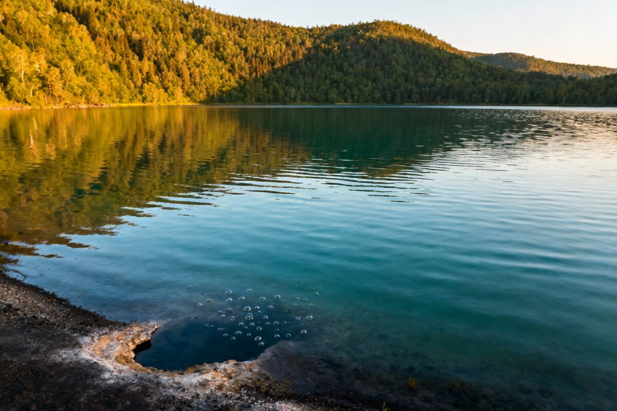 De Laacher See in de Eifel, Duitsland – een borrelend kratermeer bij Maria Laach, omringd door bossen en vulkanisch gesteente.