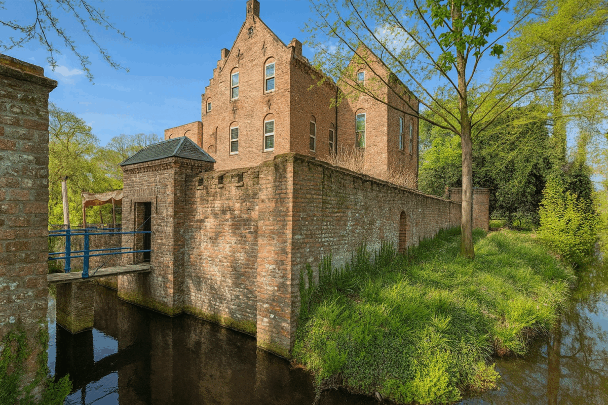 Kasteel Sypesteyn met historische bakstenen muren, watergracht en groene omgeving in Nieuw-Loosdrecht.
