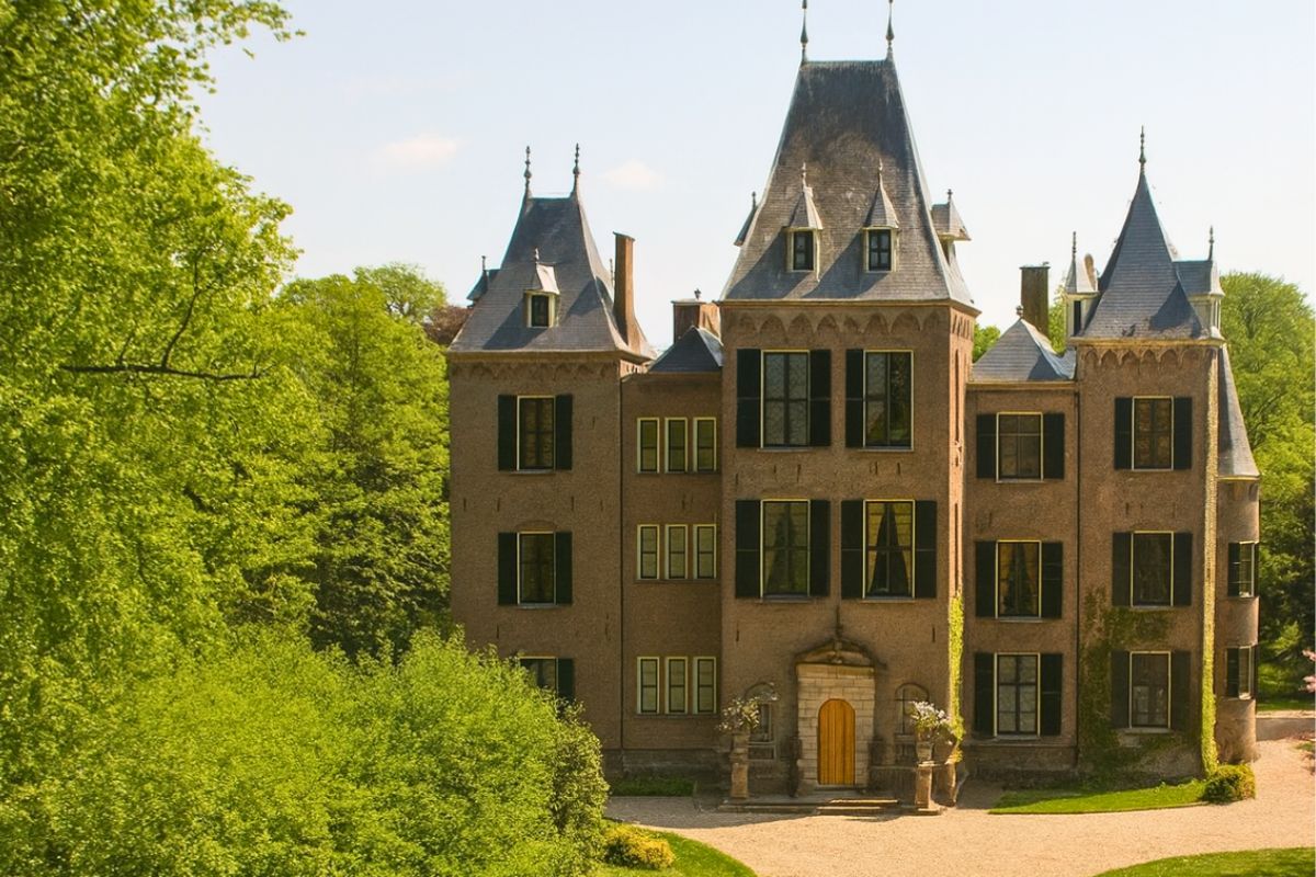 Kasteel Keukenhof in Lisse, een statig historisch landhuis omringd door groen en zonlicht.