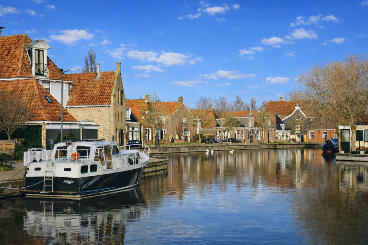 Dorpsgezicht van Makkum met boten en water
