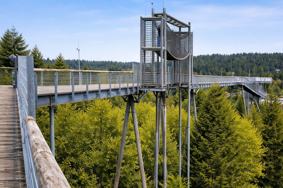 Panorama Erlebnisbrücke in Winterberg in de zomer, met groene bossen onder de hoge wandelbrug.
