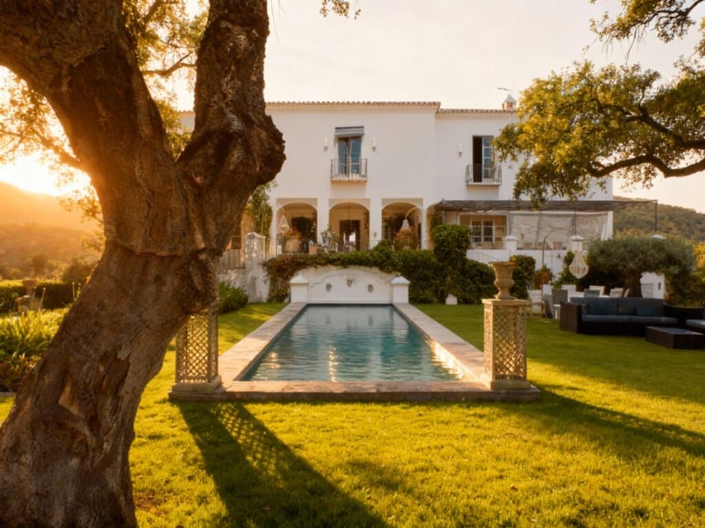 Luxe villa met zwembad in avondlicht, vastgelegd door een fotograaf vakantiehuis voor verhuurfotografie.