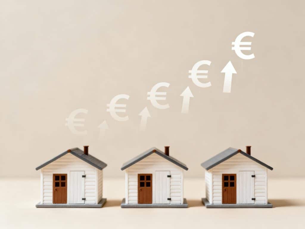 drie modelhuisjes met eurotekens omhoog, symbool voor stijgende kosten en nieuwe regels voor de verhuur van vakantiehuizen in 2026.