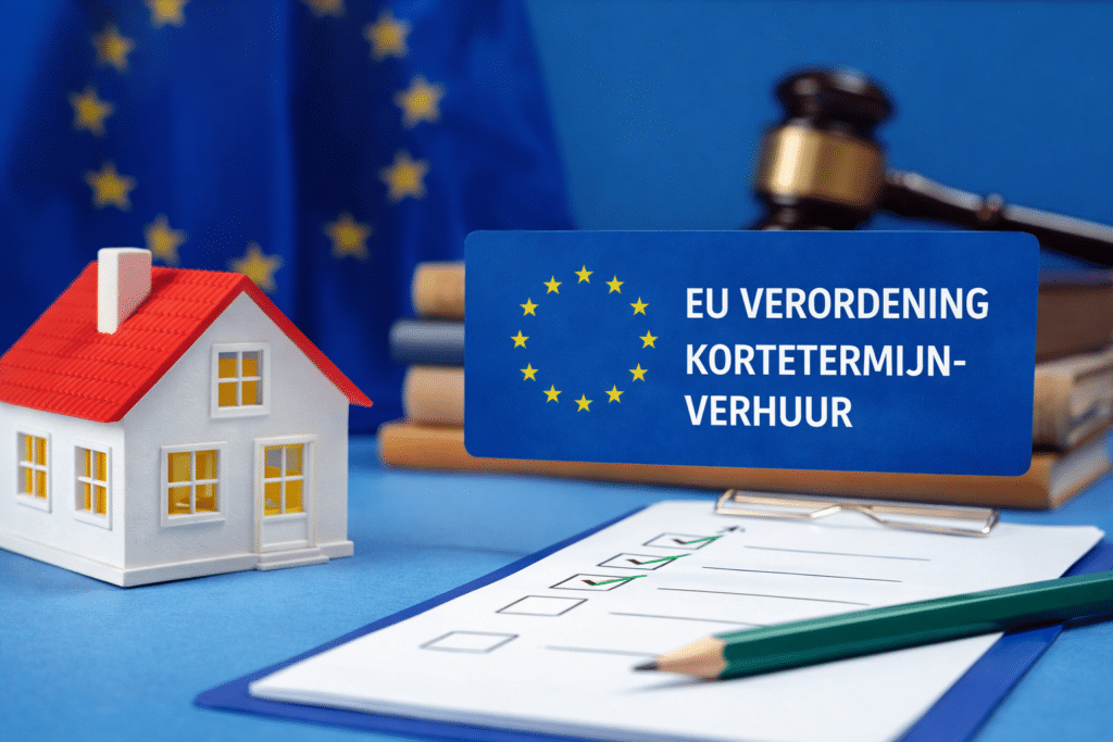 EU verordening kortetermijnverhuur met huis, checklist en EU-vlag